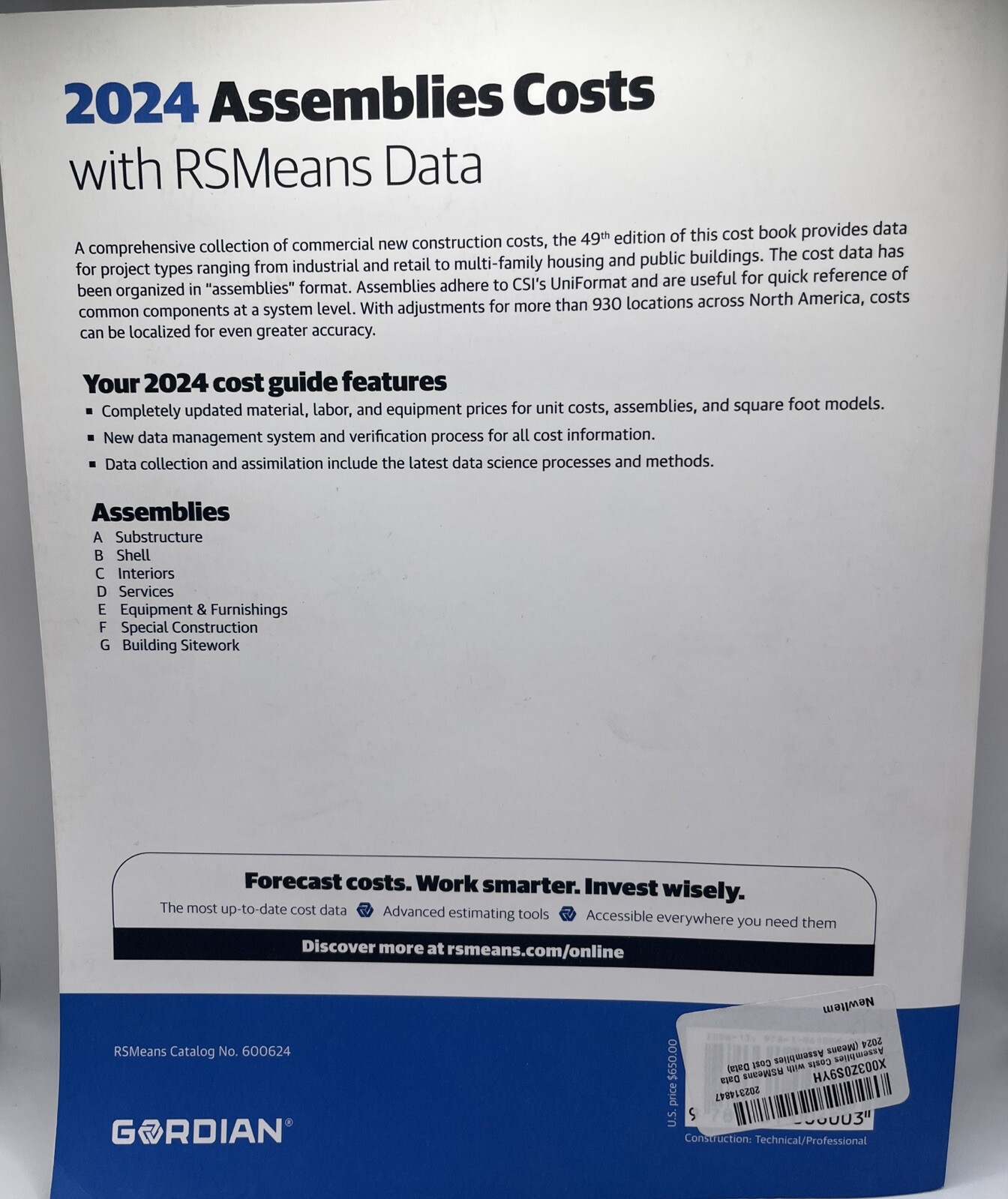 2024 Gordian Assemblies Costs With RSMeans Data 49th Edition, 600624. FREE SHIP